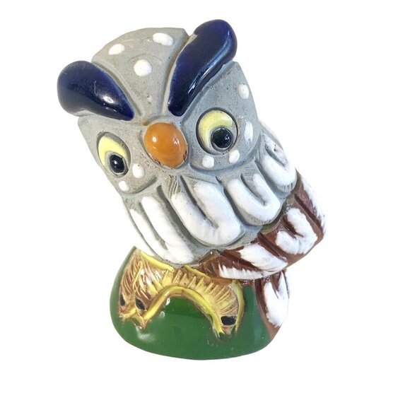 Adorable Owl Figurine Ceramic Red Clay Hand Painted Folk Art Miniature - Picture 1 of 8